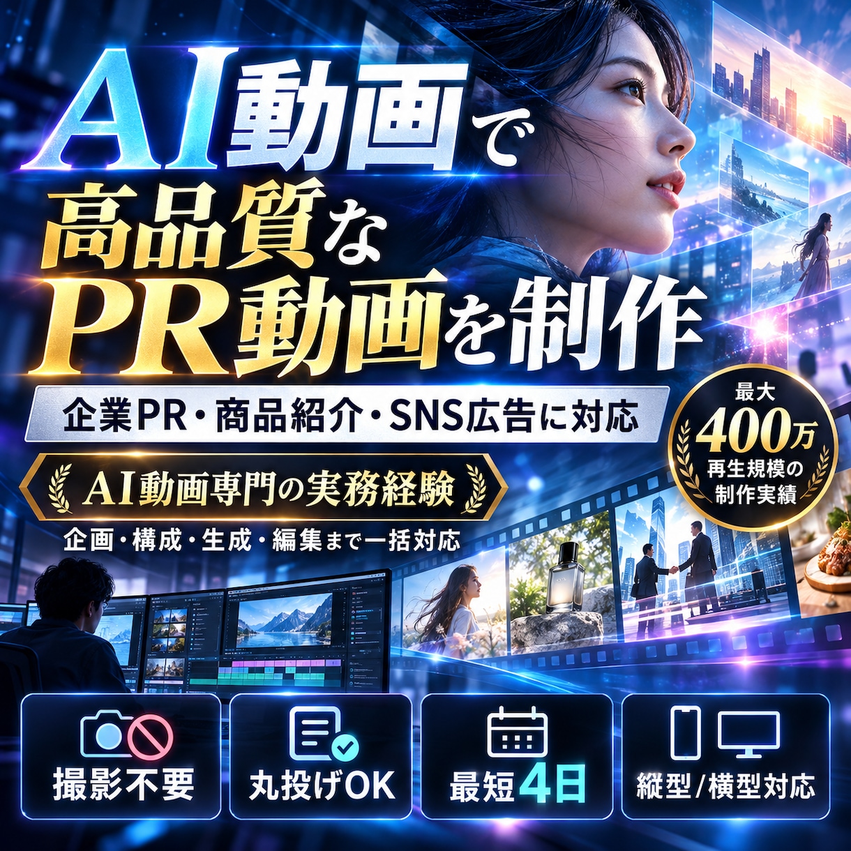 AIで高品質なPR・広告動画を制作します 最大400万再生規模のAI動画制作経験を活かします イメージ1