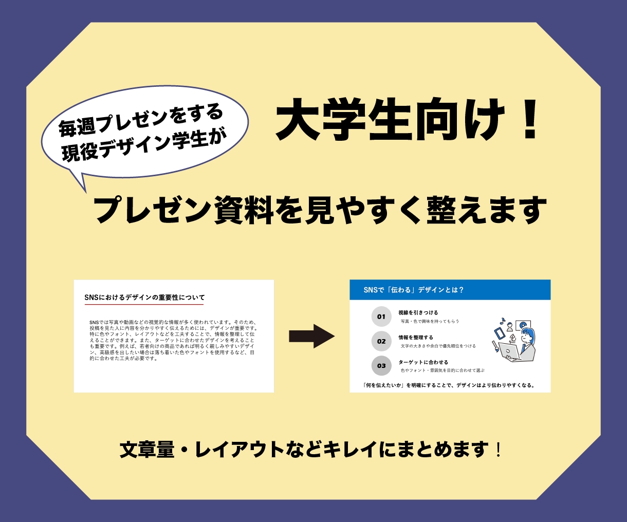 大学生向け！プレゼン資料を見やすく整えます プレゼン資料の文章量やレイアウトを整理して見やすくします！ イメージ1