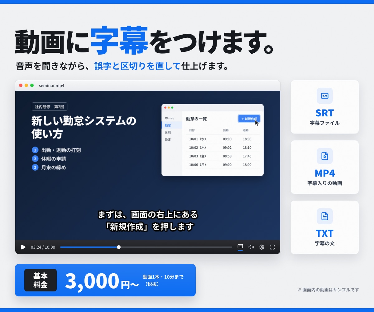 動画に字幕をつけ、SRTと字幕入り動画で納品します 音声を聞きながら、誤字と区切りを直して仕上げます イメージ1