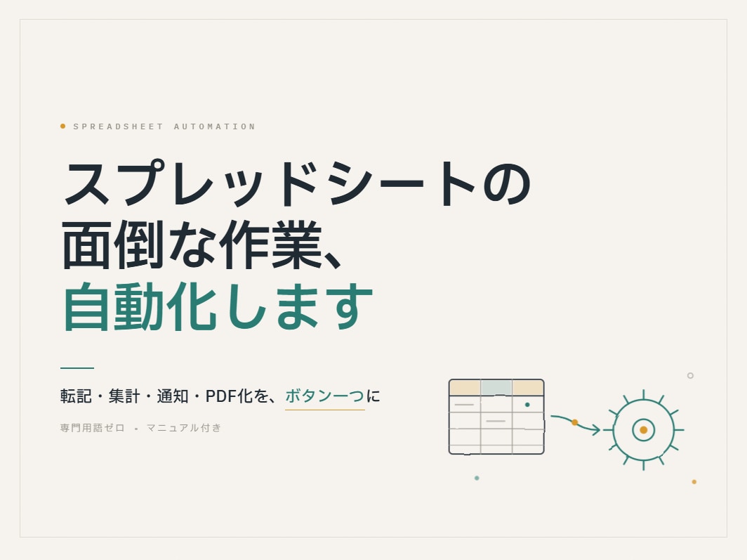 スプレッドシートの面倒な作業、自動化します 転記・集計・通知。毎日の手作業をボタン一つにします イメージ1