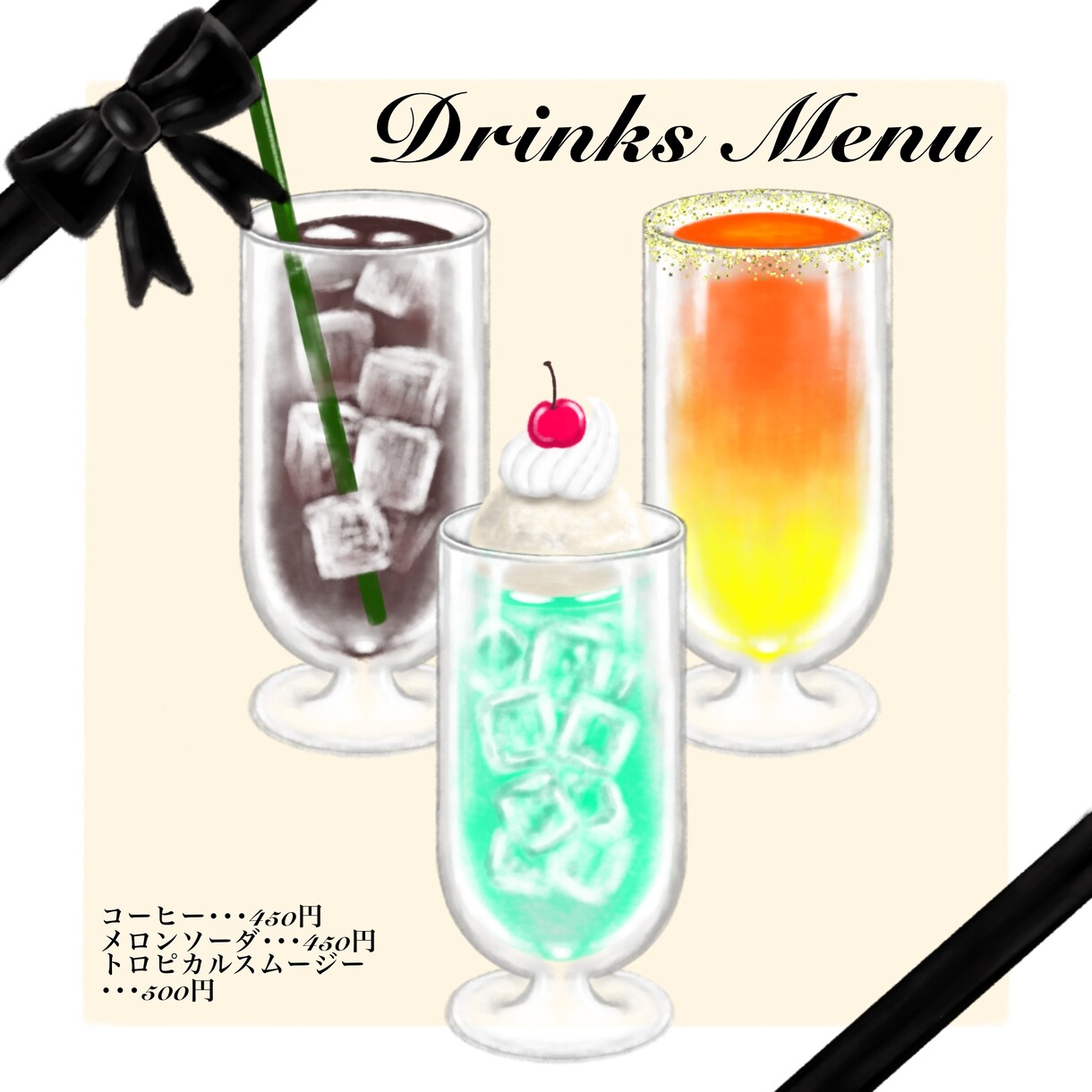 水彩の透き通る雰囲気でメニュー表描きます カフェ等のドリンクやフードメニューを水彩をメインに描きます イメージ1