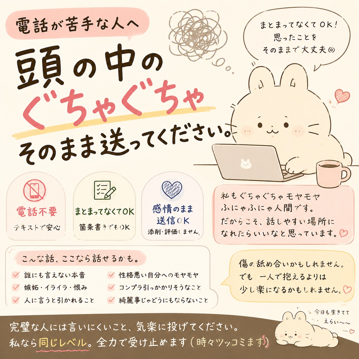 電話が苦手な人へ。思いを文でお聴きします 感情を整理せず、そのまま送ってください。 イメージ1