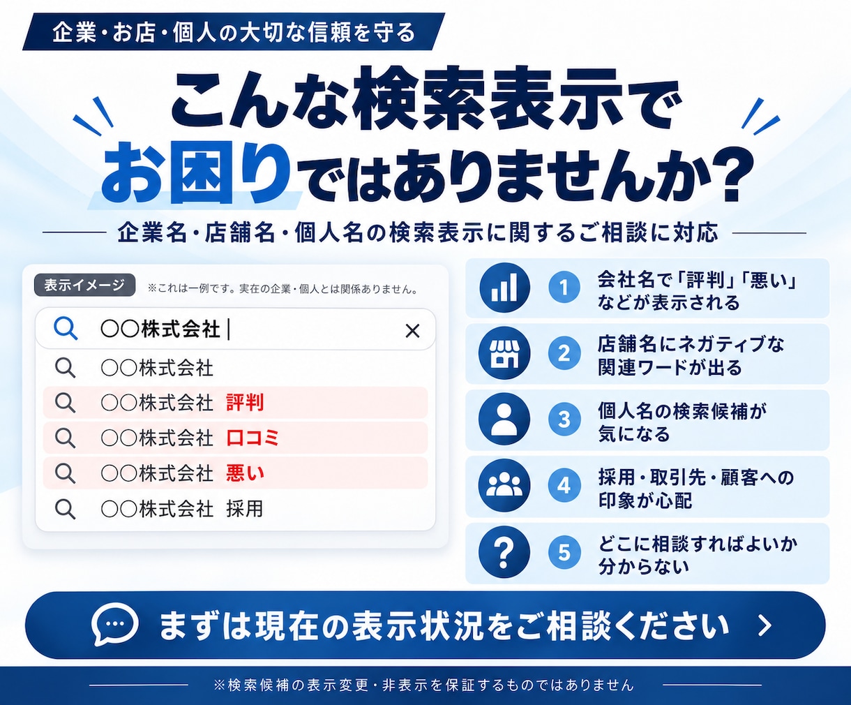 検索のネガティブワードを非表示対策します Googleを中心に検索候補・関連ワード対策を行います イメージ1