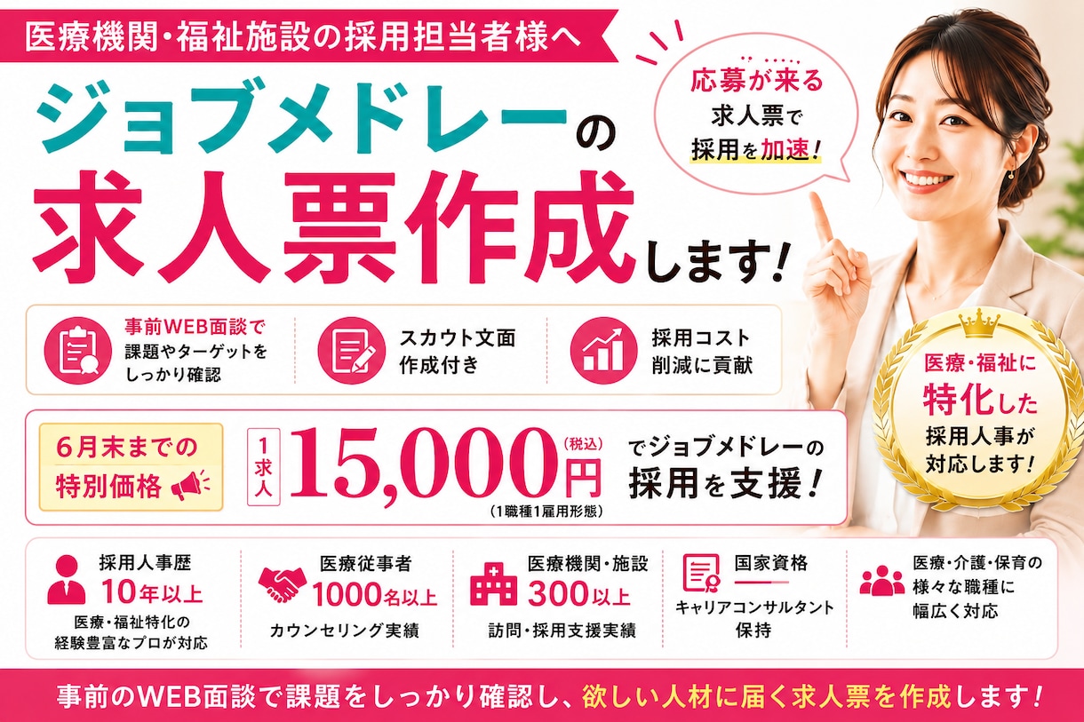 ６月末迄の特別価格！ジョブメドレー求人を作成します 医療福祉特化／事前面談付◎サムネ画像作成有り◎の手厚い支援！ イメージ1