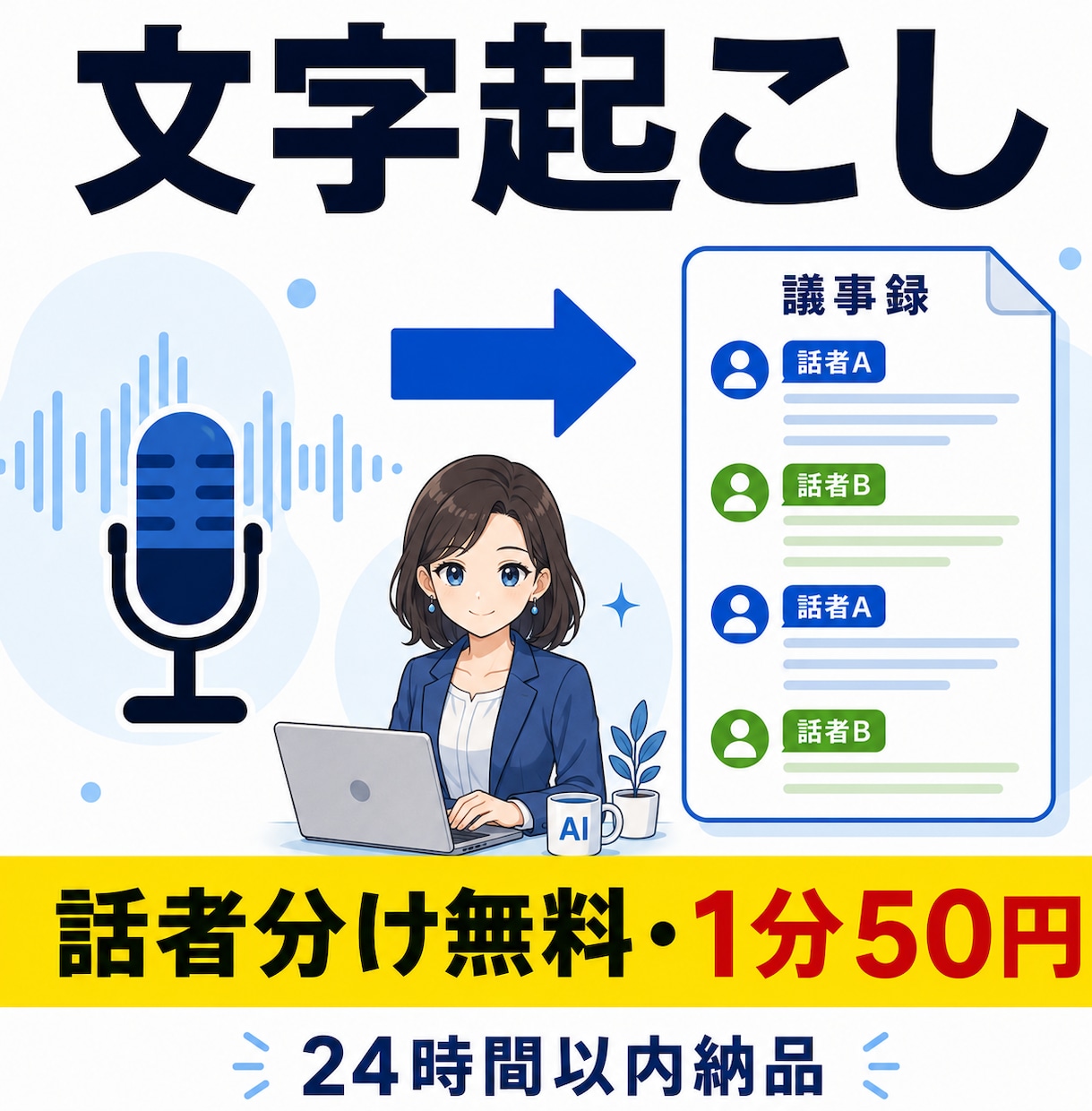 話者分け込み1分50円で文字起こしします 話者ラベル・タイムスタンプ・字幕ファイルまで全部込み。 イメージ1