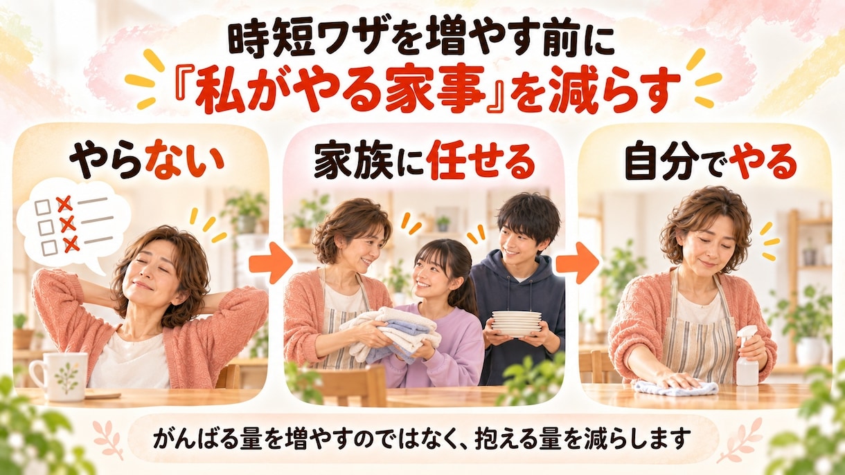 家事を一人で抱えない仕組みを一緒に整えます 今やる・やらない・家族に任せる家事を7日間チャットで整理 イメージ3