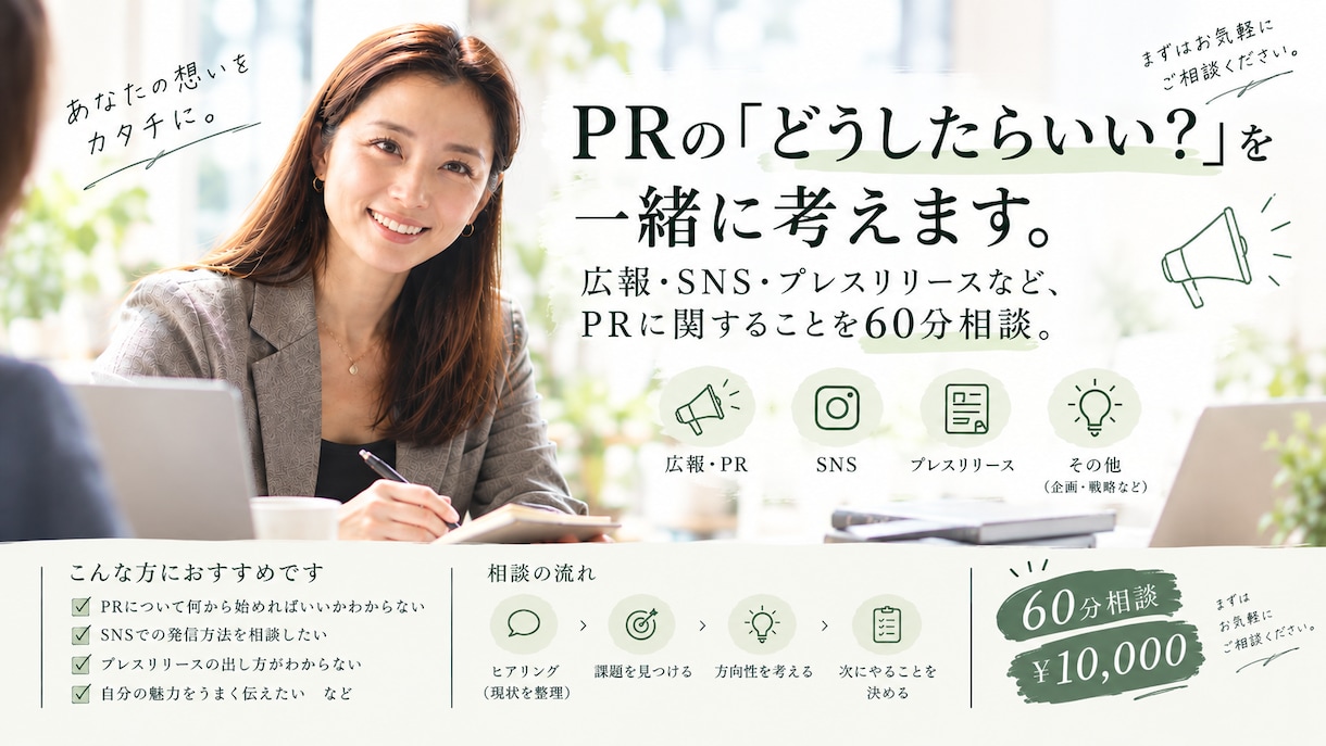 PRの「どうしたらいい？」を一緒に考えます PRに関することを60分じっくり相談 イメージ1