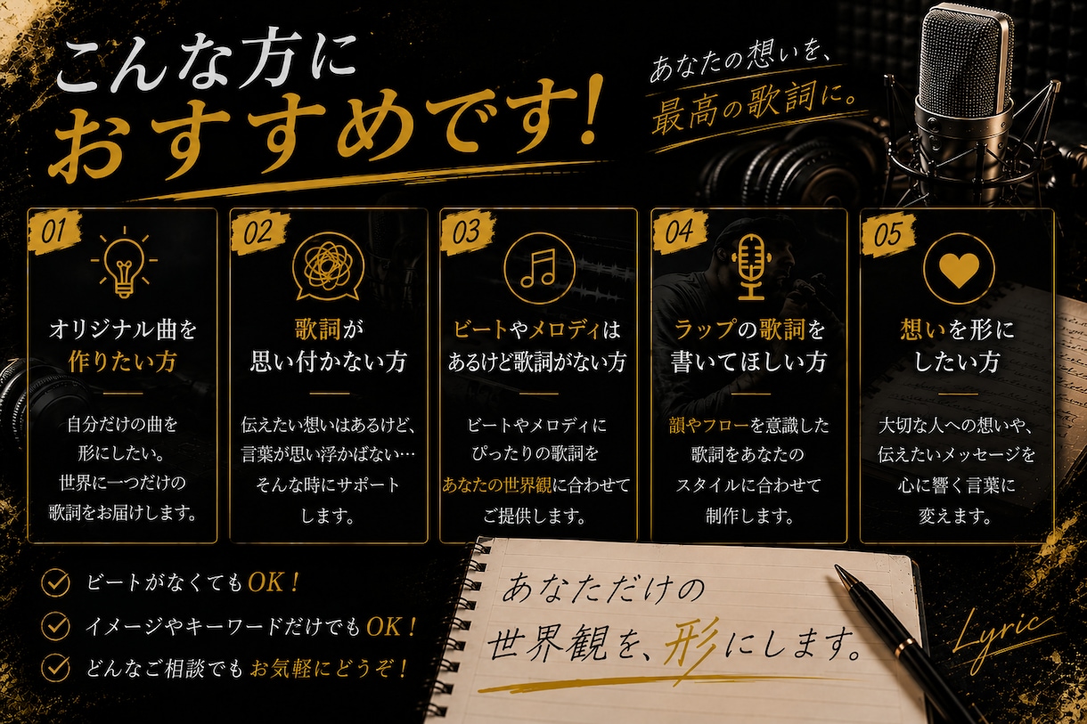 現役ラッパーがあなただけの歌詞を制作します あなたの"伝えたい"を、"伝わる"言葉へ。 イメージ3