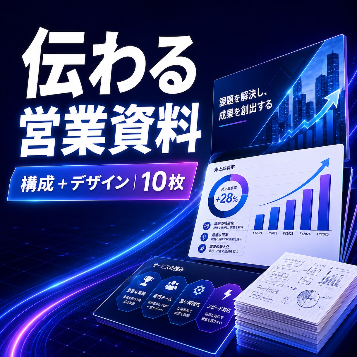 伝わる営業・提案資料を構成から作成します 原稿やメモを整理し、伝わる10枚に仕上げます イメージ1