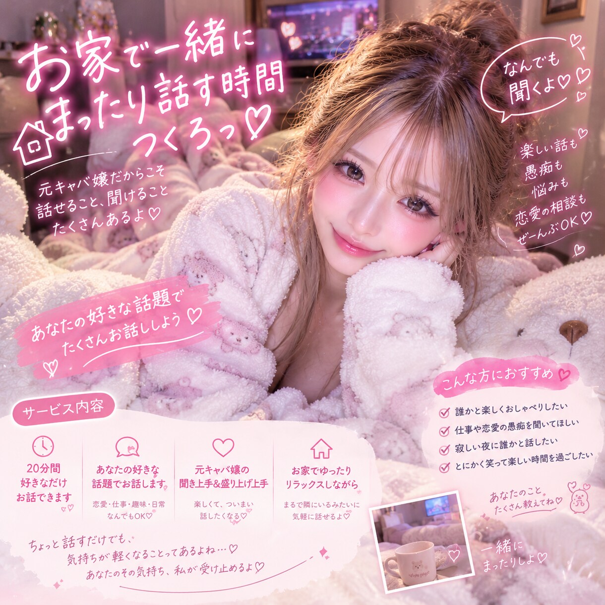 今夜は、あなたが主役。元キャバ嬢なんでも聞きます 愚痴も悩みもぜんぶ聞くよ。誰かに話したいならここにおいで。 イメージ2