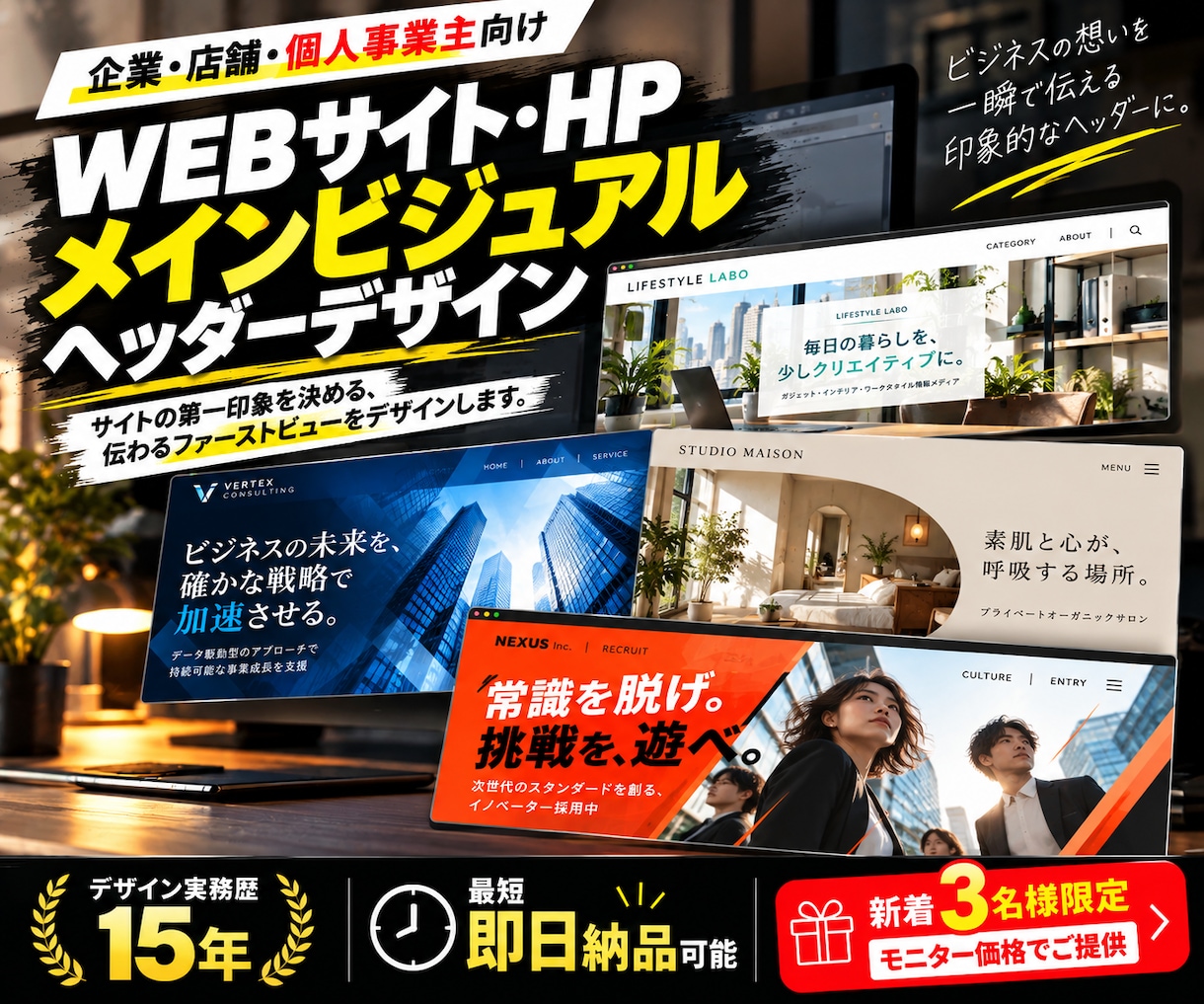 HPやブログのトップ画像やヘッダーを制作します サイトの第一印象を高め、内容や魅力が伝わるデザインに イメージ1
