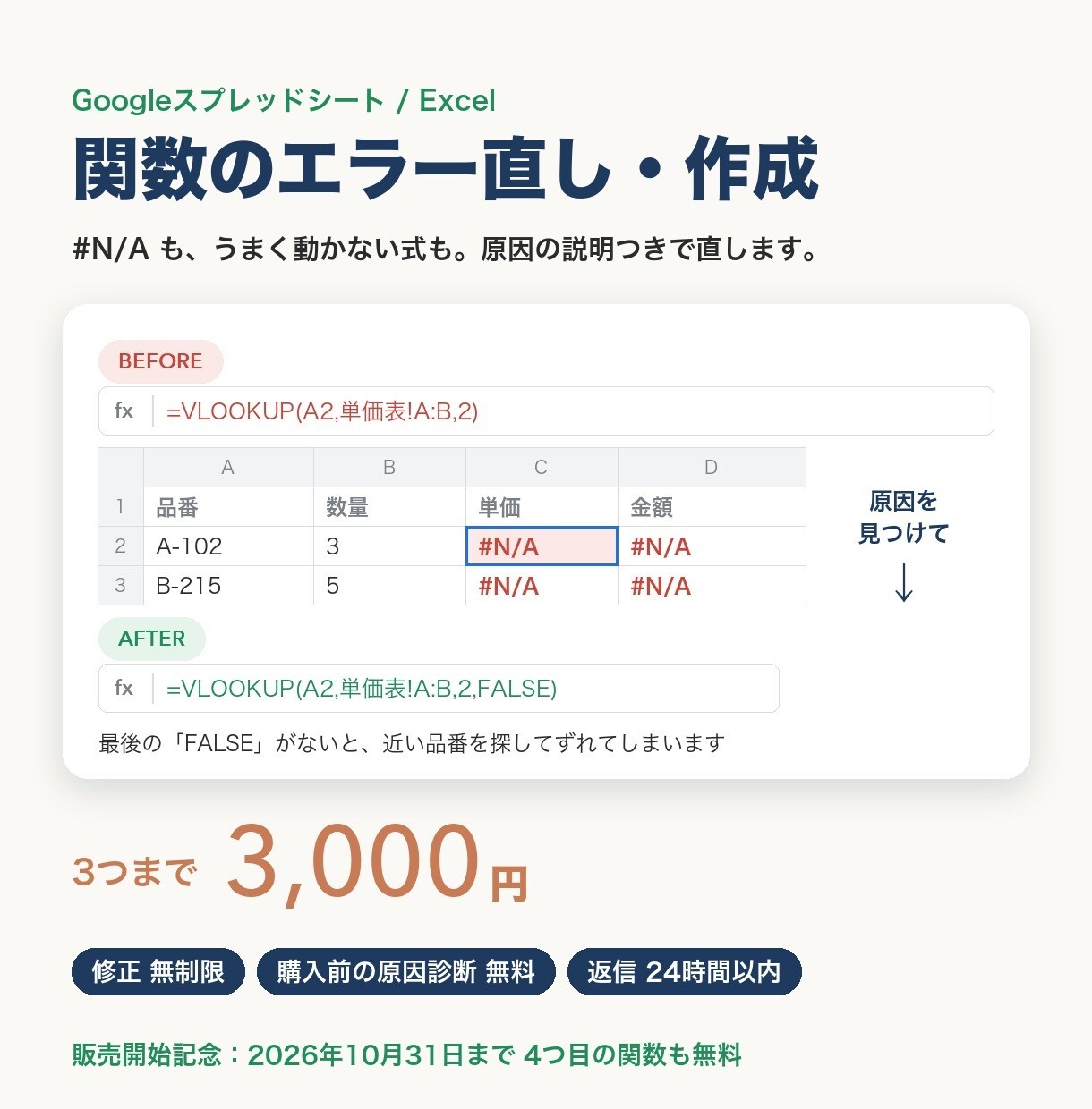 スプレッドシートの関数3つまで作成・修正します エラー直し・自動集計に。購入前の原因診断は無料です イメージ1