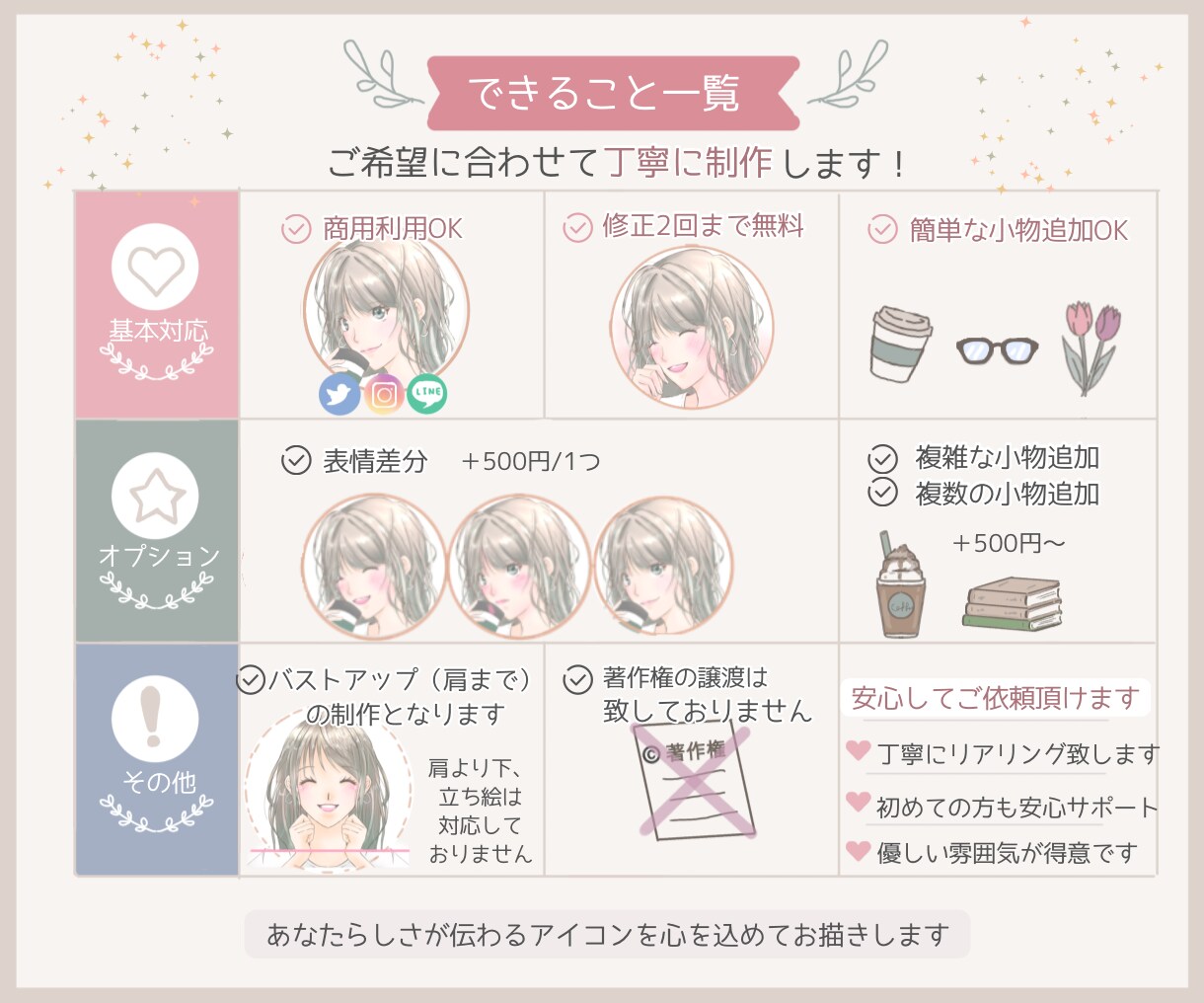 ふんわり優しいSNSアイコンお描きします 丁寧なヒアリングで、あなたらしい「かわいい」を形にします♪ イメージ6