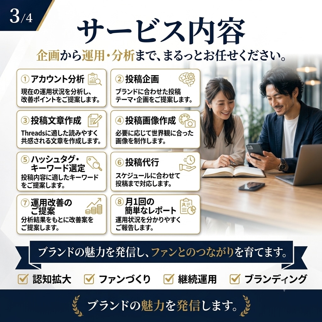 Threads運用代行ファンづくりをサポートします 投稿作成から運用まで、まるっとお任せください。 イメージ3