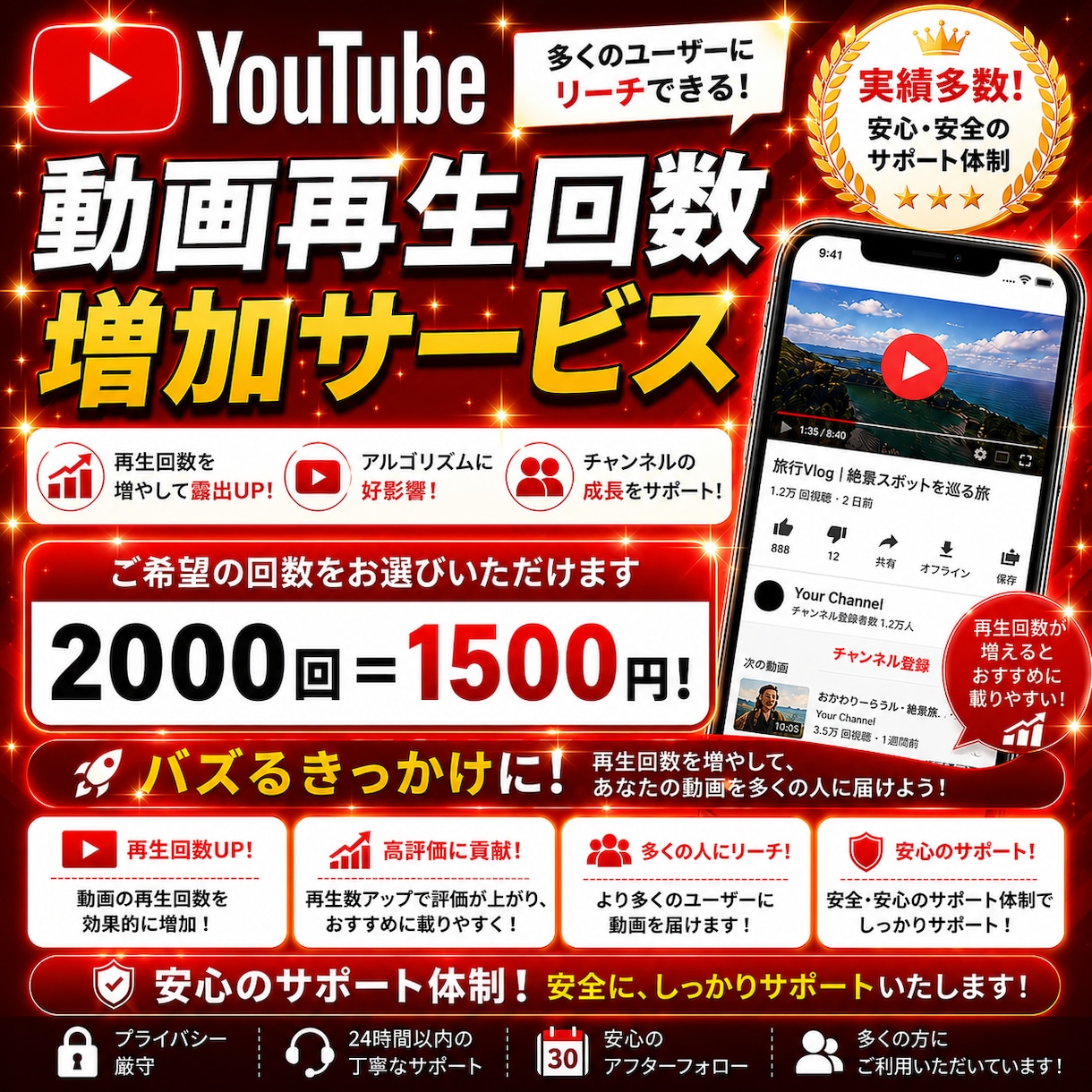 YouTube再生回数+2000回増やします 嬉しい60日長期間の減少時補填保証付き！ イメージ1