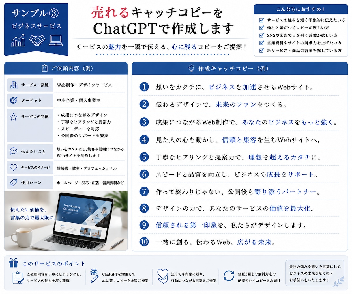 売れるキャッチコピーをChatGPTで作成します 商品の魅力がひと目で伝わる、印象に残る言葉をご提案します イメージ4