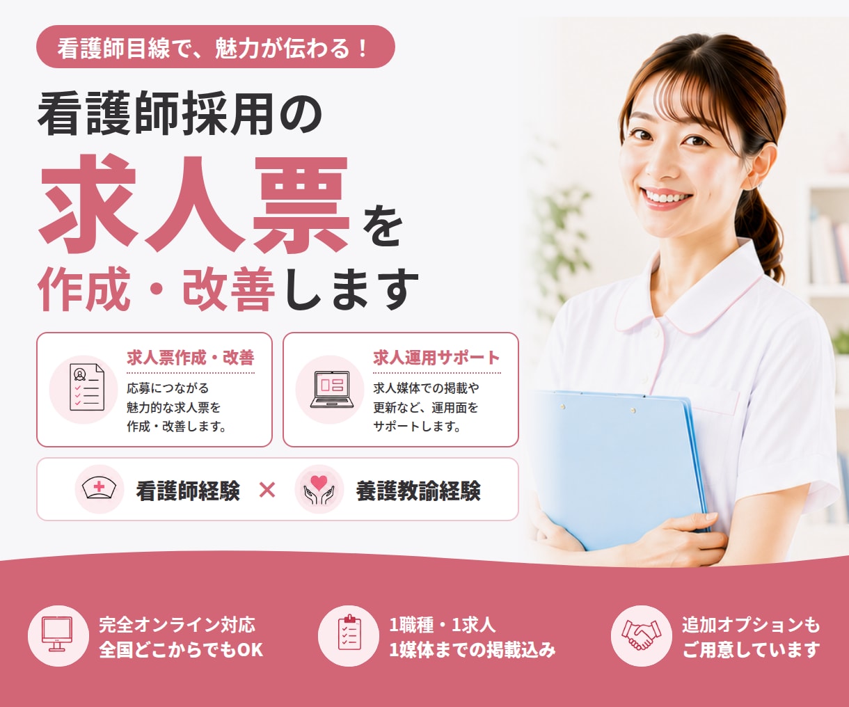 看護師求人の作成・改善から運用まで代行します 看護師目線で求人内容を見直します。 イメージ1