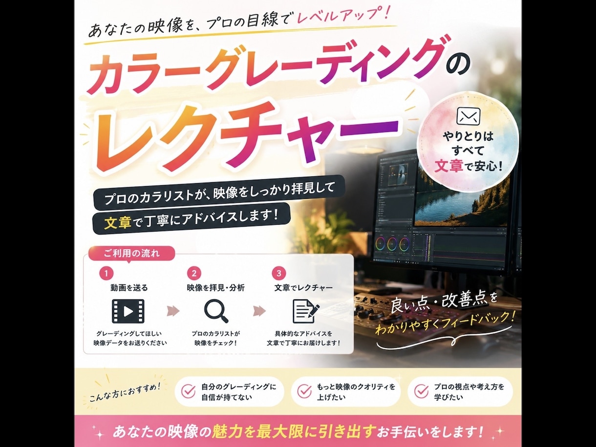 カラーグレーディングのレクチャーをします プロ目線で分かりやすくフィードバック イメージ1