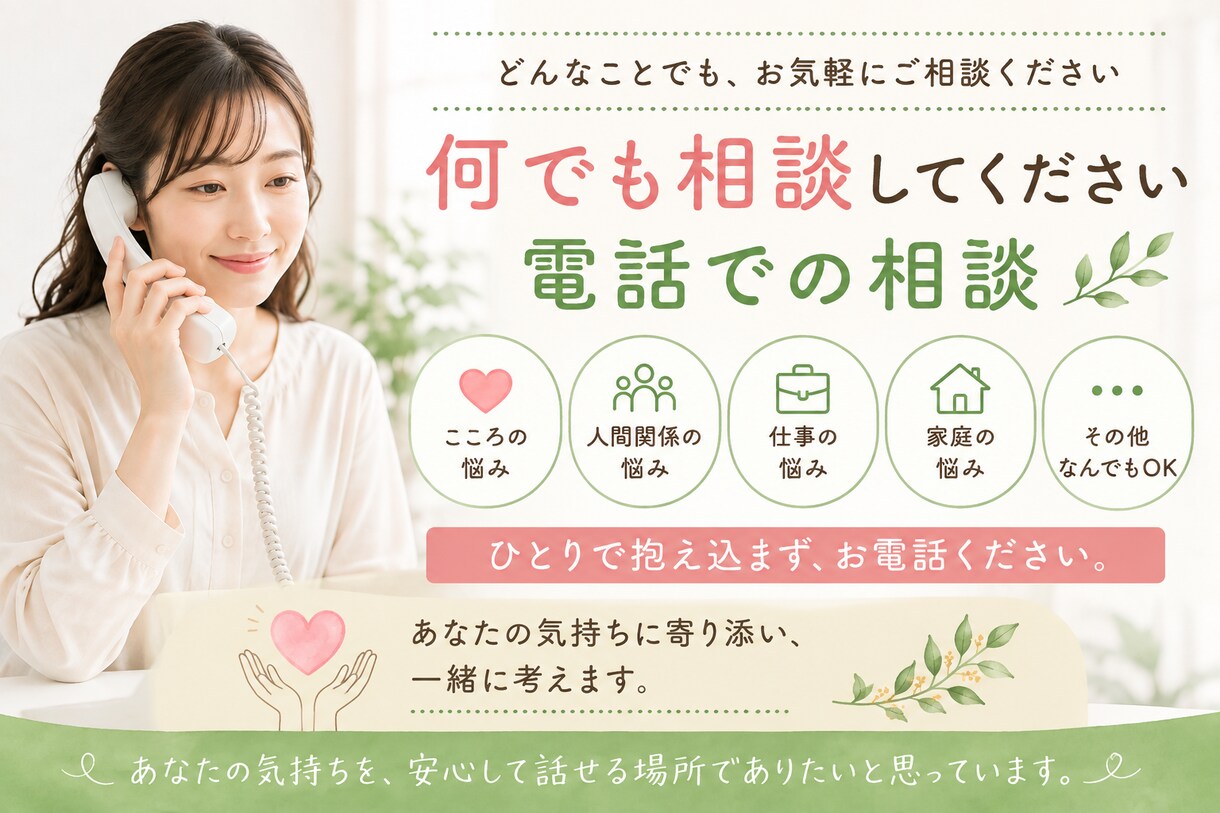 貴方のお悩みや相談何でもお話し聞きます 秘密厳守！何でも聞きます。お待ちしております。 イメージ1