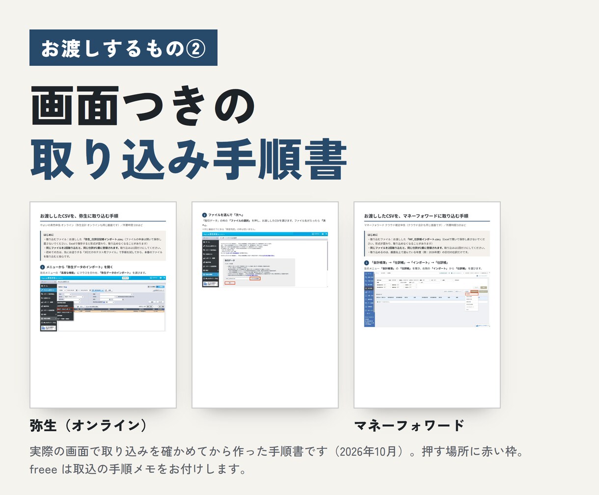 記帳代行｜通帳・カード明細を仕訳データにします 弥生・freee・MF取込用。手順書つき100件3,000円 イメージ6