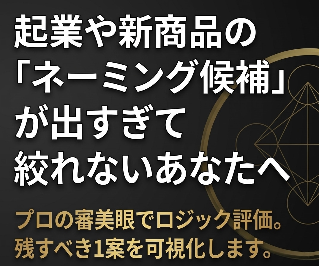 ネーミング。残す最高の1案をプロが可視化します 10案出しても決まらない方。ロジック評価で1案に絞ります。 イメージ1