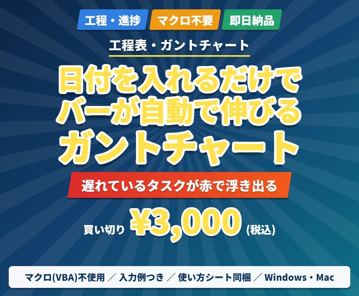 日付を入れるだけのガントチャート提供します バーが自動で伸びて、遅れているタスクは赤くなります イメージ1