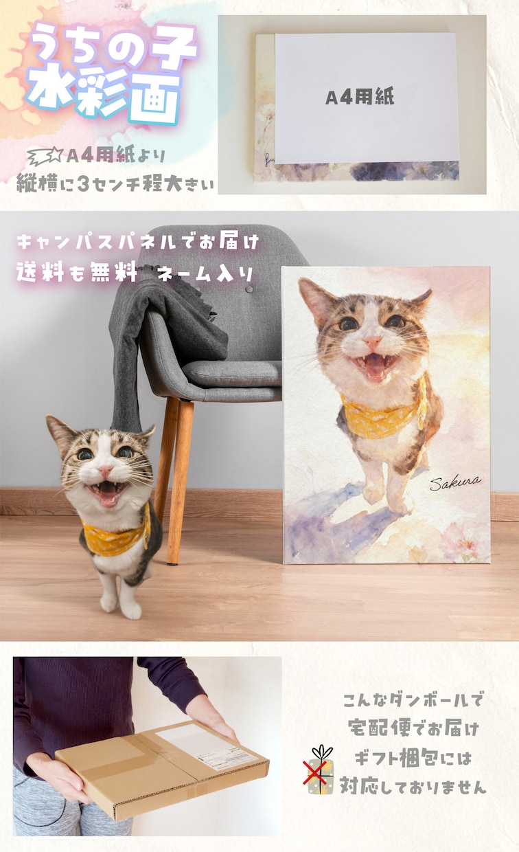 うちの子ペット似顔絵を水彩画キャンバスで制作します 犬・猫・うさぎ・人｜プレゼント・メモリアルにどうぞ イメージ3