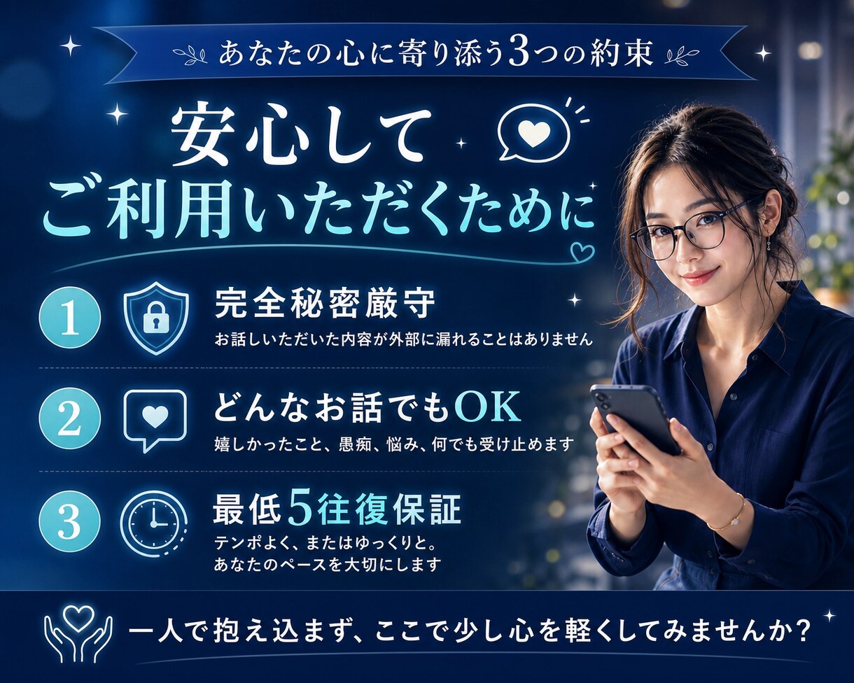 電話なし♪あなたの悩みや雑談をチャットで聞きます LINE感覚で気軽に話せる、24時間チャットサービスです♪ イメージ3