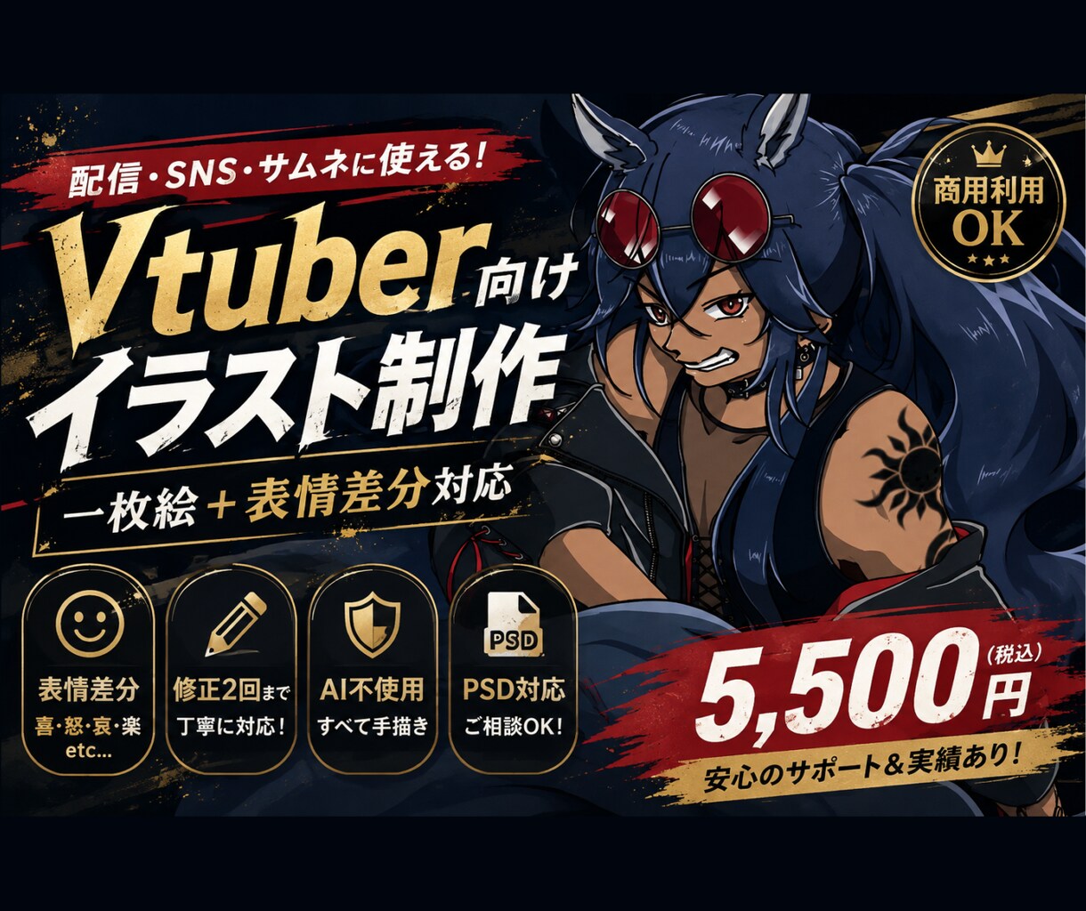 Vtuber向けの一枚絵＋表情差分を描きます 配信・SNS・サムネに使える一枚絵を表情差分付きで制作！ イメージ1