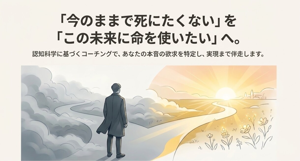 あなたが「本当にやりたいこと」を特定し伴走します 「今のままで死にたくない」を「この未来に命を使いたい」へ。 イメージ1