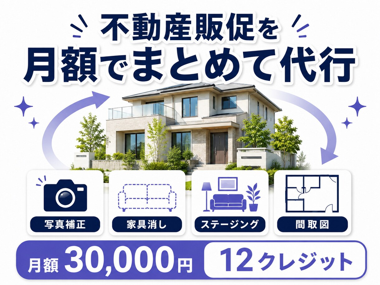 不動産販促制作を月額で代行します 月1物件・12クレジットで制作範囲を明確化 イメージ1