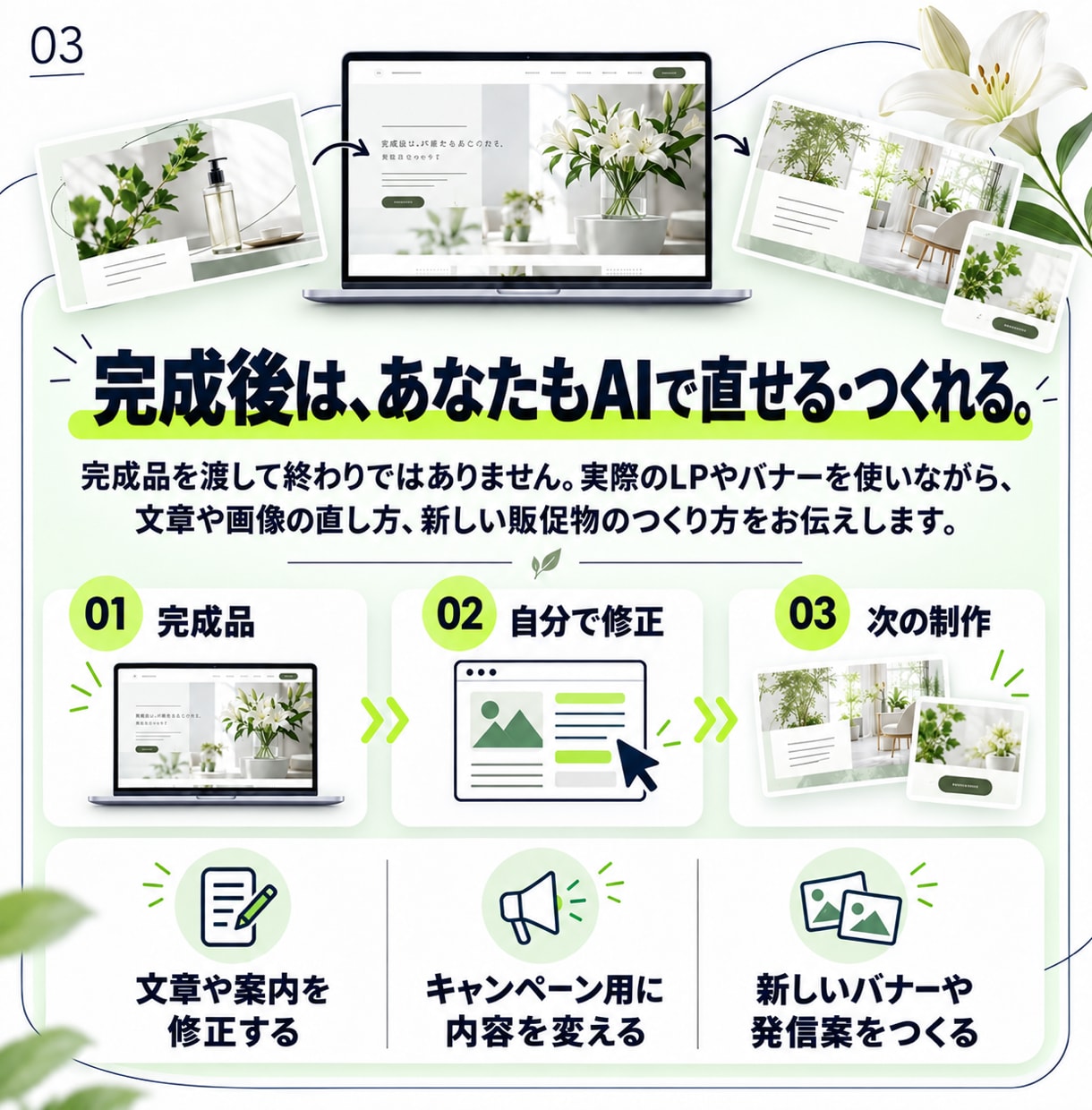 AIでLP・バナーを制作し活用方法も教えます 完成品と、次から自分でつくるための仕組みを渡します イメージ3