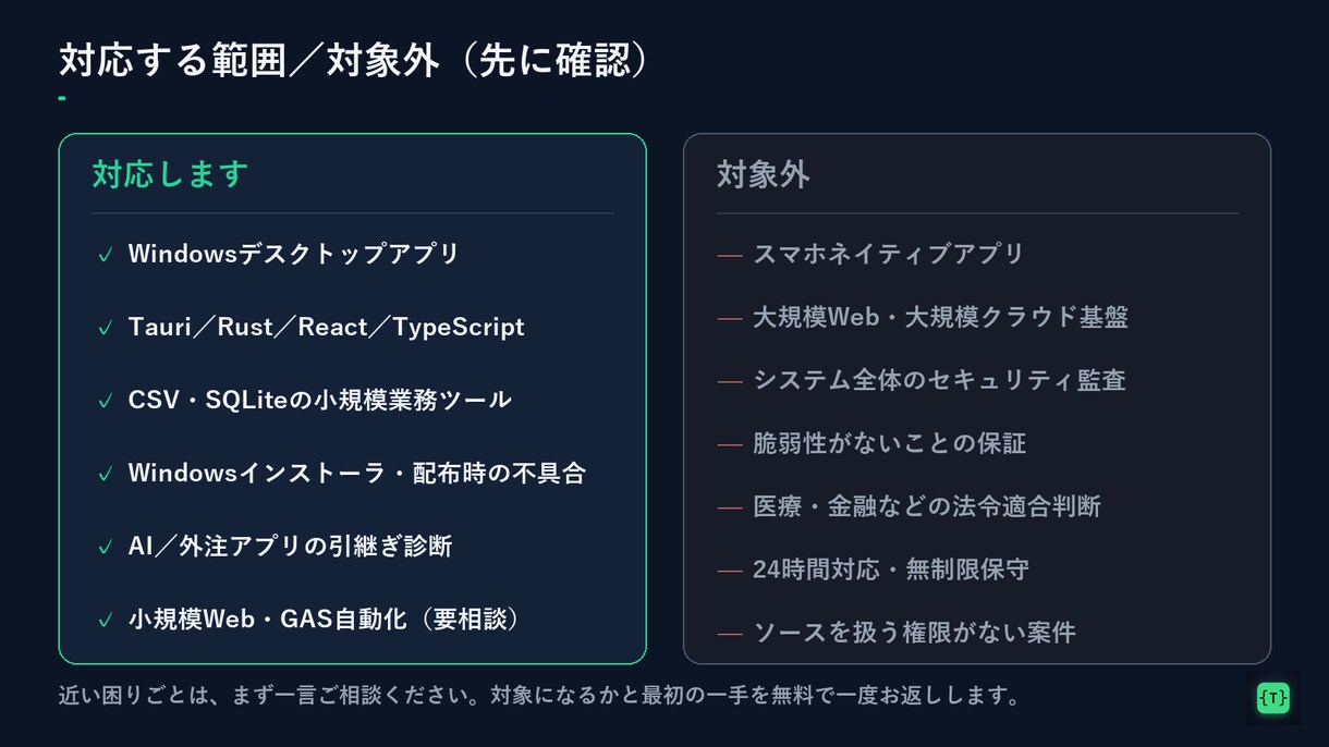 AI・外注のWindowsアプリを診断・修正します 「動くけど不安」を再現して確認。診断レポート納品・通話なし イメージ5