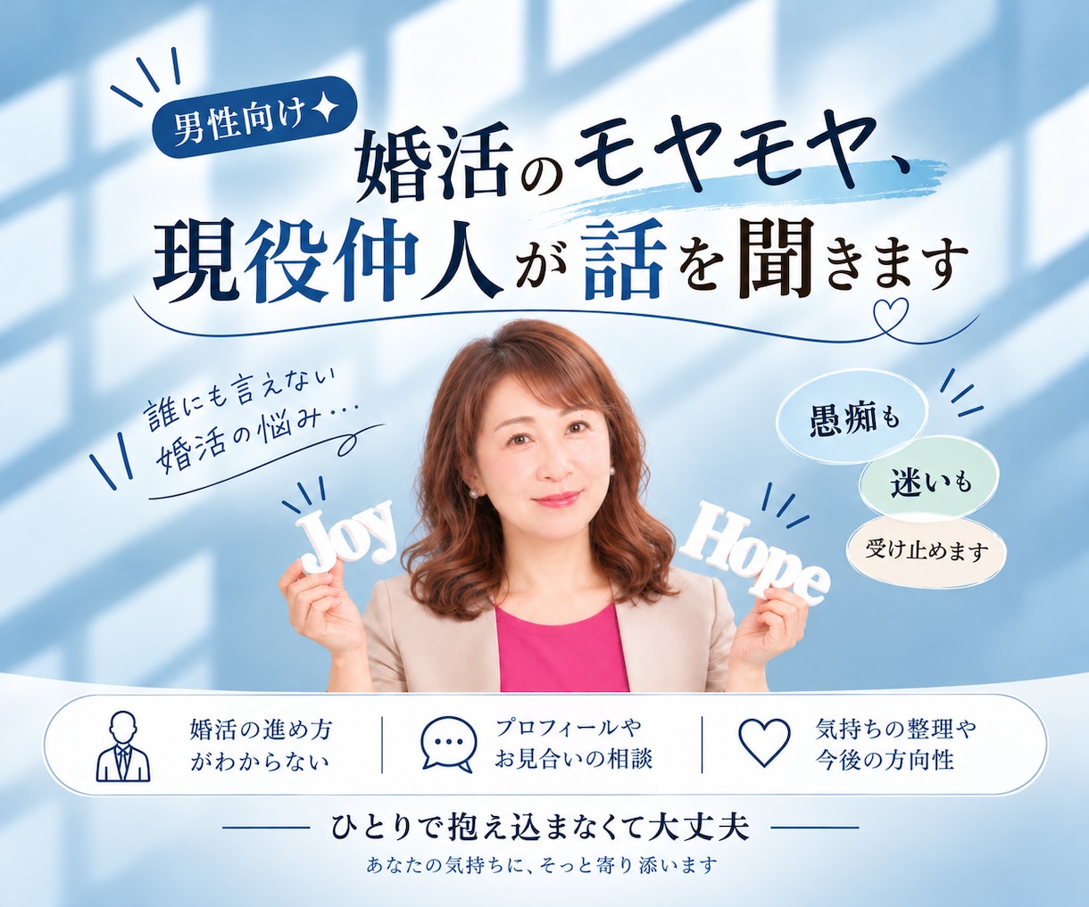 男性向け✦婚活のモヤモヤ、現役仲人が話を聞きます 誰にも言えない婚活の悩み、愚痴も迷いも受け止めます イメージ1