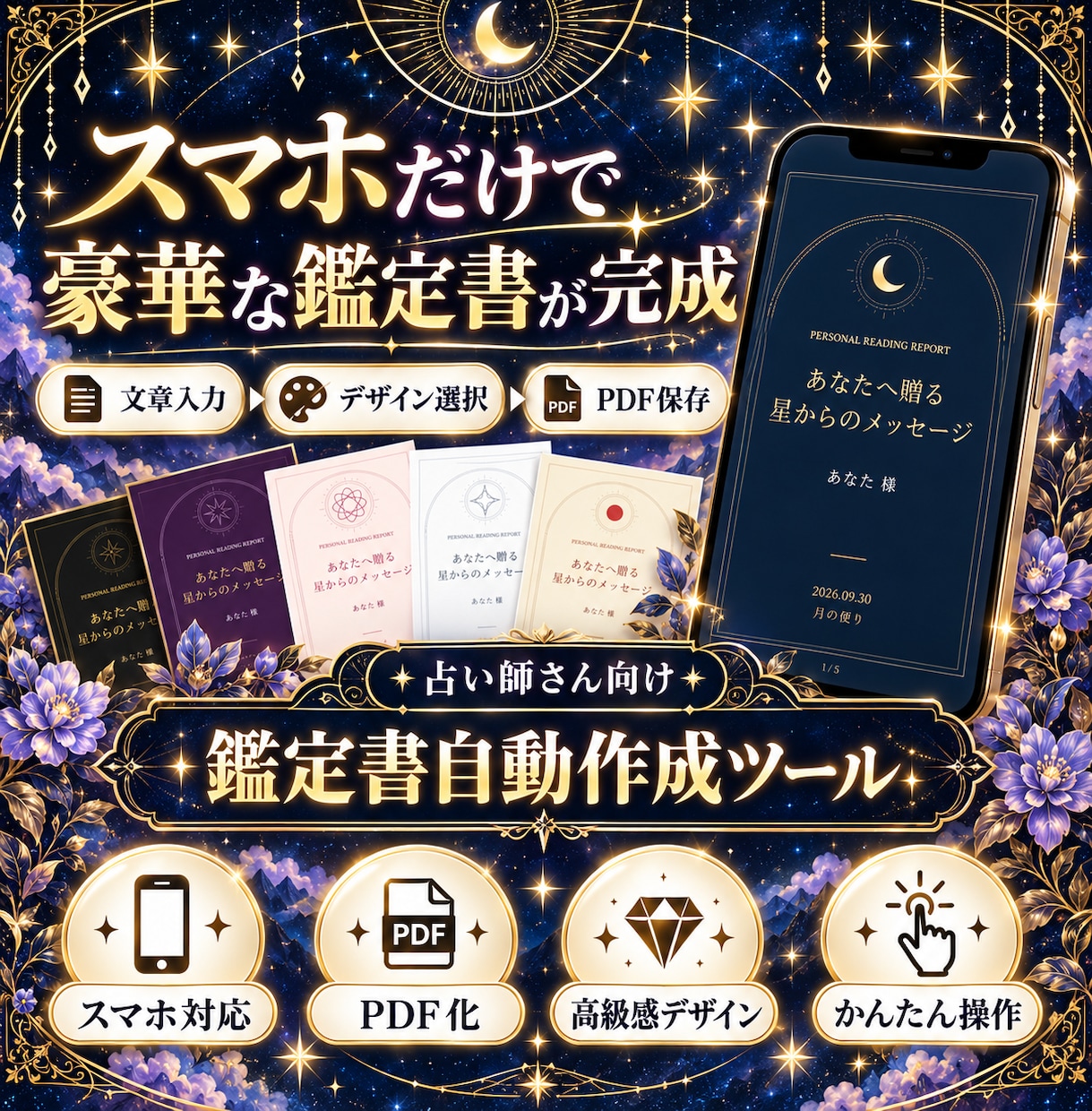 占い師様用、スマホで豪華な占い鑑定書を作成できます 文章を入れてデザインを選ぶだけ！高級感あるPDF鑑定書が完成 イメージ1
