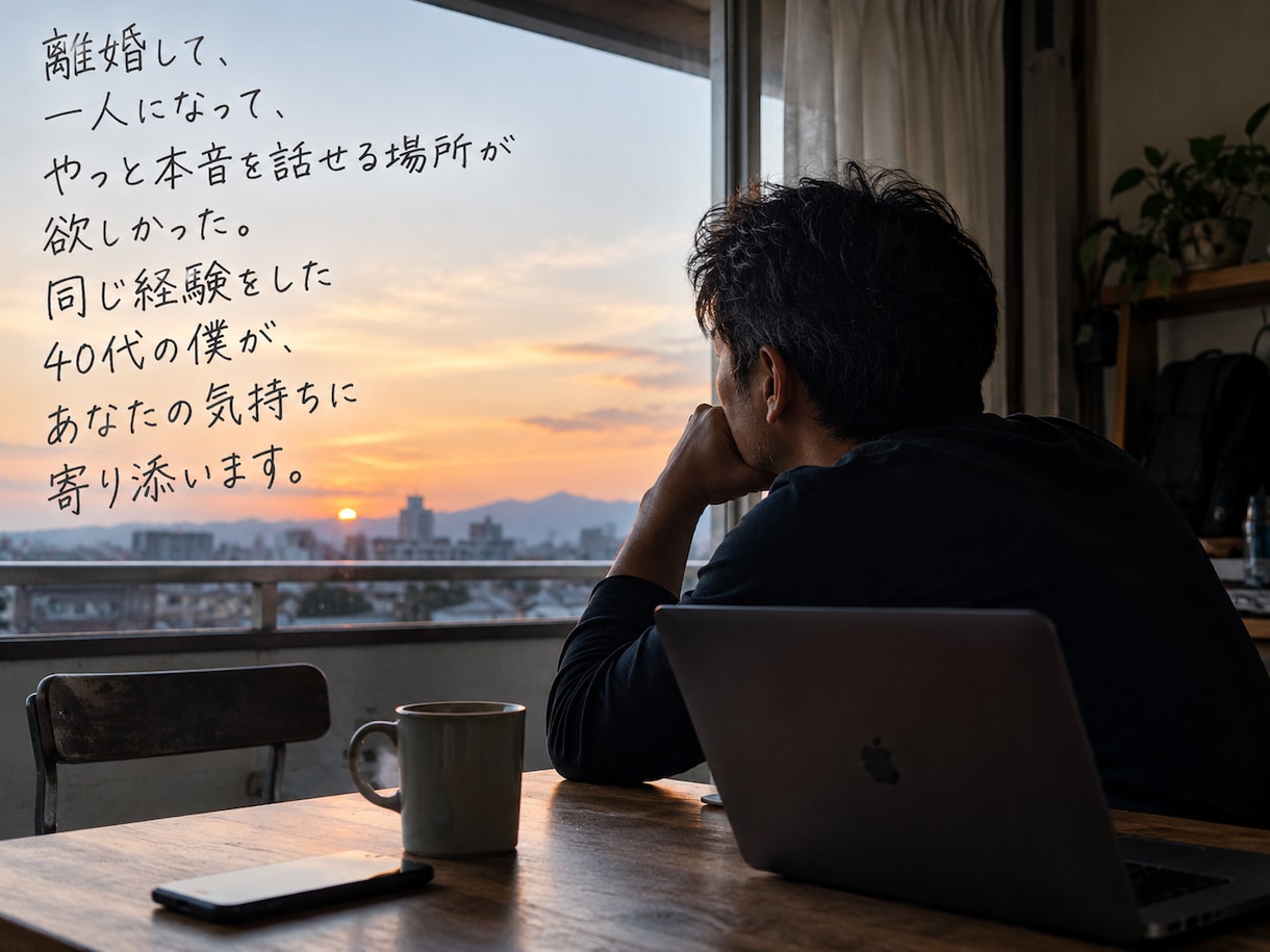 離婚や別居で誰にも話せない気持ちをお聞きします 40代で離婚をした男です。素直な今の気持ちを話しませんか。 イメージ2