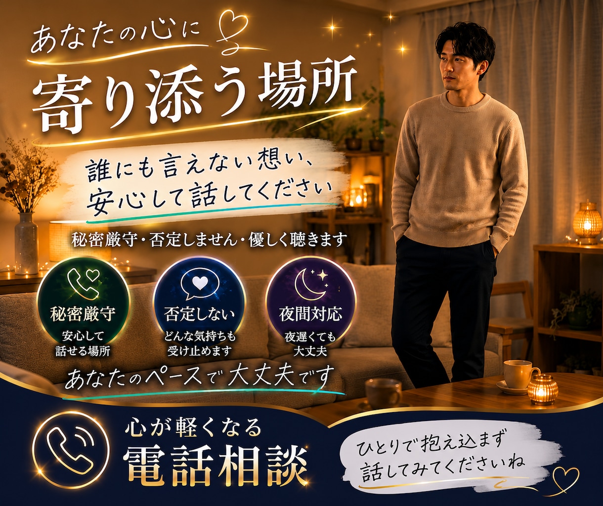 秘密厳守100%味方。略奪愛や不倫、悩み聴きます ひとりで抱え込む寂しい夜に。心を軽くする癒やしの時間を イメージ1