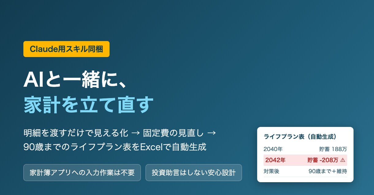 家計管理できるClaude用AIスキル渡します 明細を渡すだけ。固定費見直しからライフプラン表まで イメージ1