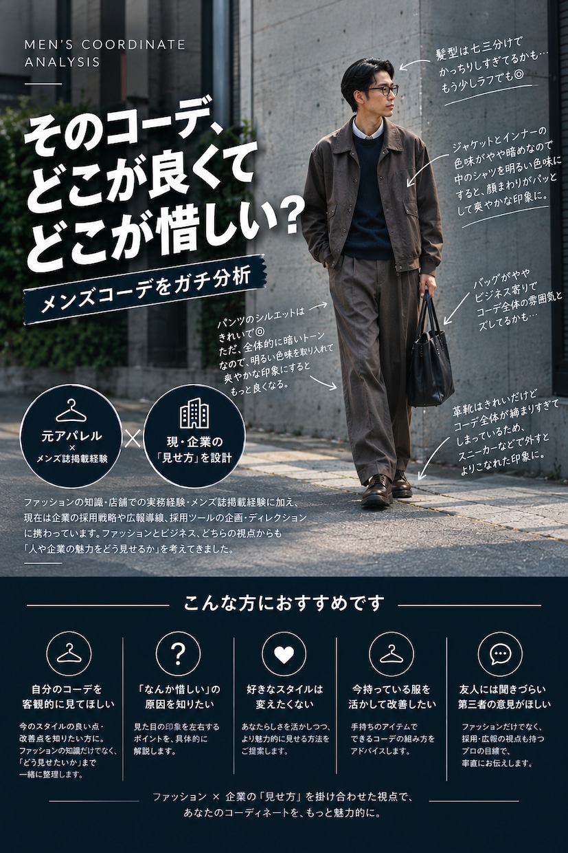 あなたのコーデ、良い点・惜しい点をガチ分析します アパレル経験＆メンズ誌掲載経験あり！良い点も惜しい点も分析 イメージ2