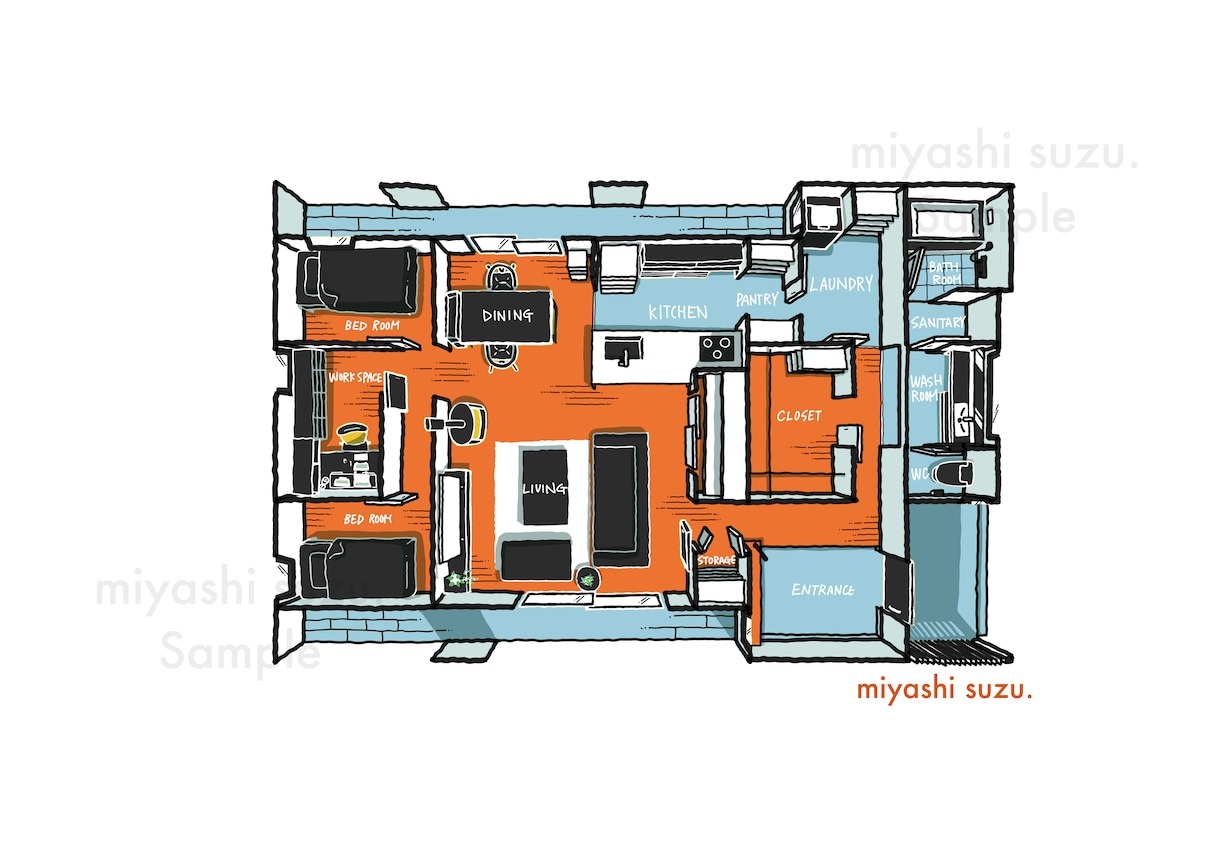 高品質！建築士が間取り図を立体的なイラストにします フルカラーも3色カラーも可！家具もおしゃれに描きます！ イメージ2