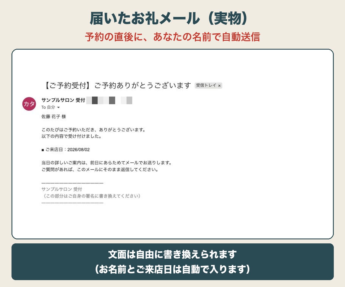 スプレッドシートでサロンの予約受付を自動化します 予約→お礼→台帳→前日連絡まで自動。設置14分・サポート付 イメージ5
