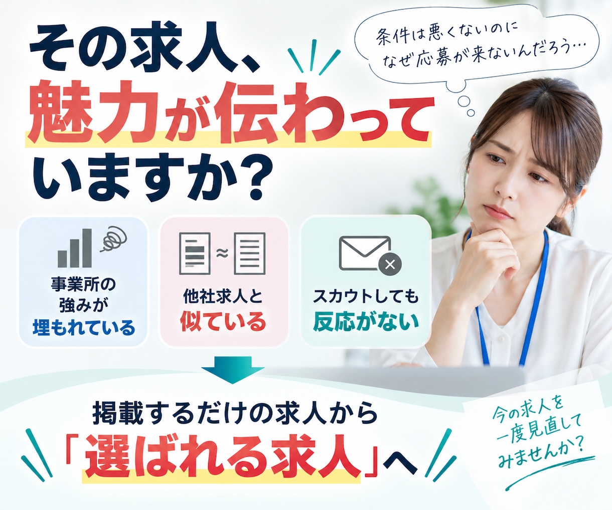 ジョブメドレー・ウェルミージョブの求人改善します 医療・介護・福祉に特化！求人原稿＋スカウト文で応募獲得を支援 イメージ2