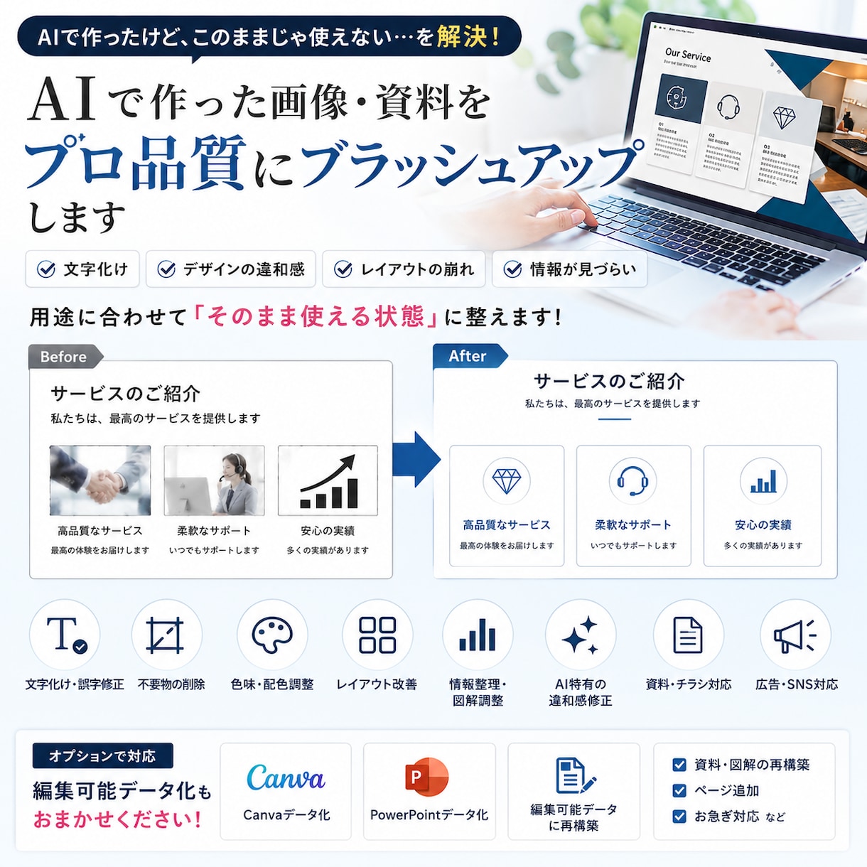 AI生成画像・資料をそのまま使える品質に整えます 用途に合わせて「実際に使える状態」へブラッシュアップ イメージ1