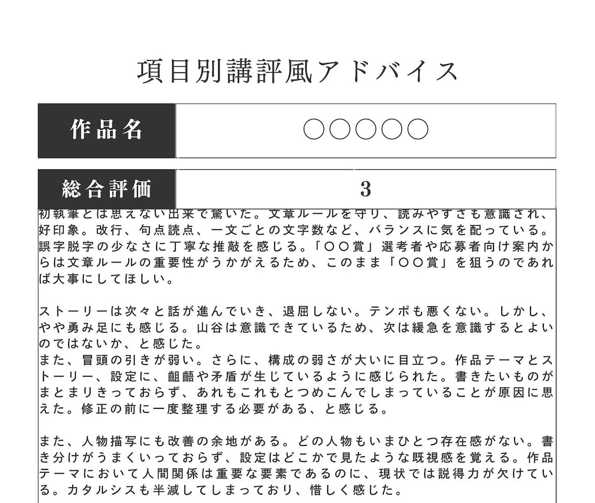 項目別講評風アドバイスを元出版社編集が送ります 受賞を目指す方に！5段階評価&コメントで分析、未完OK イメージ3