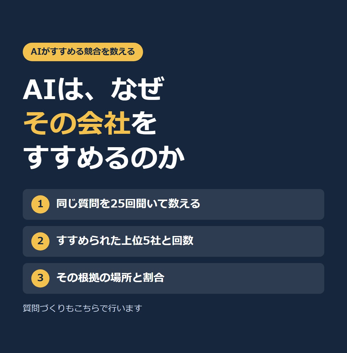 AIがすすめる競合と、その情報源を調べます 1回聞くだけでは分からない、AIの選び方の傾向を数えます イメージ1