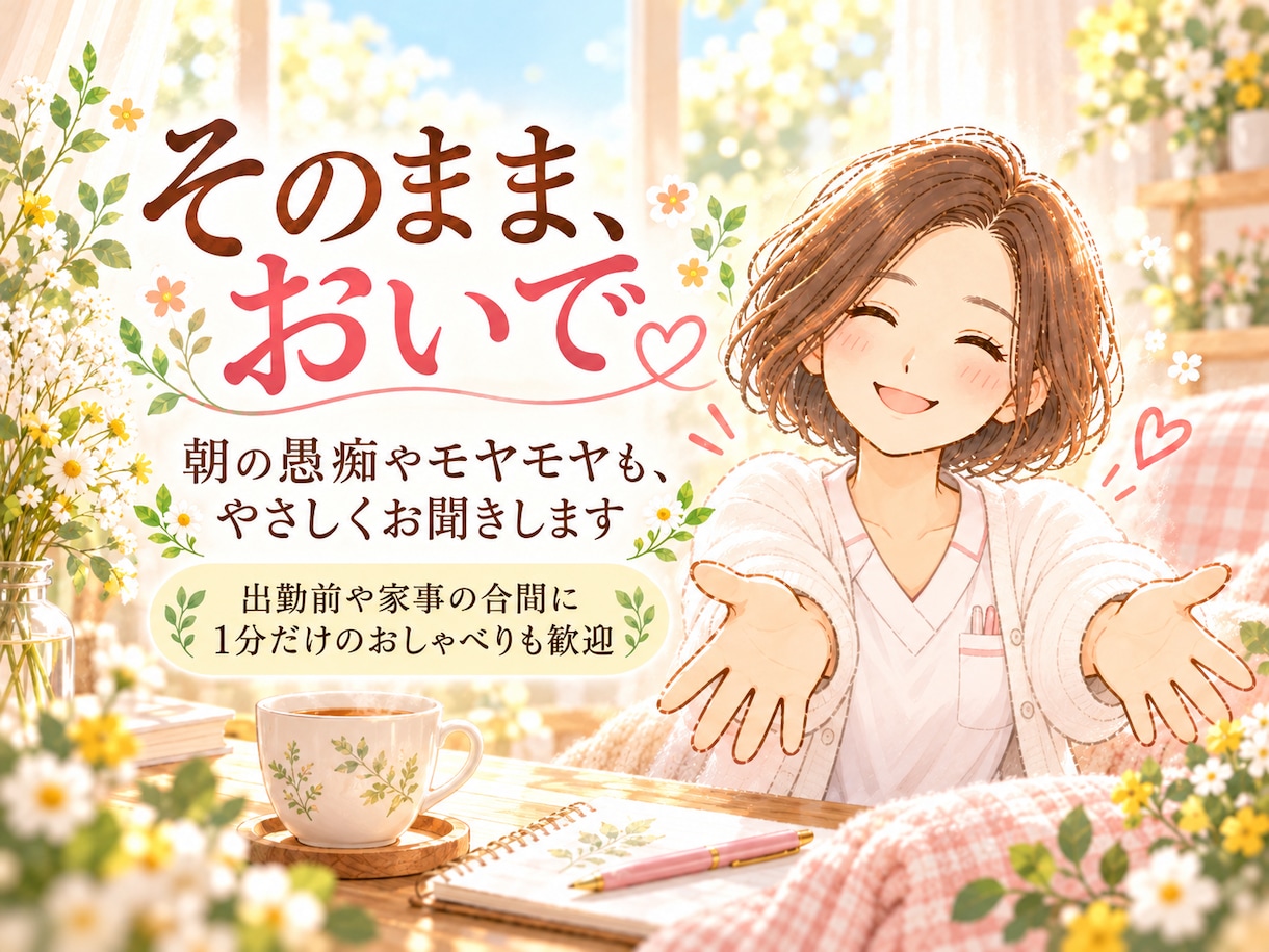 朝の愚痴やモヤモヤを優しくお聞きします 出勤前や家事の合間に。1分だけのおしゃべりも歓迎 イメージ1