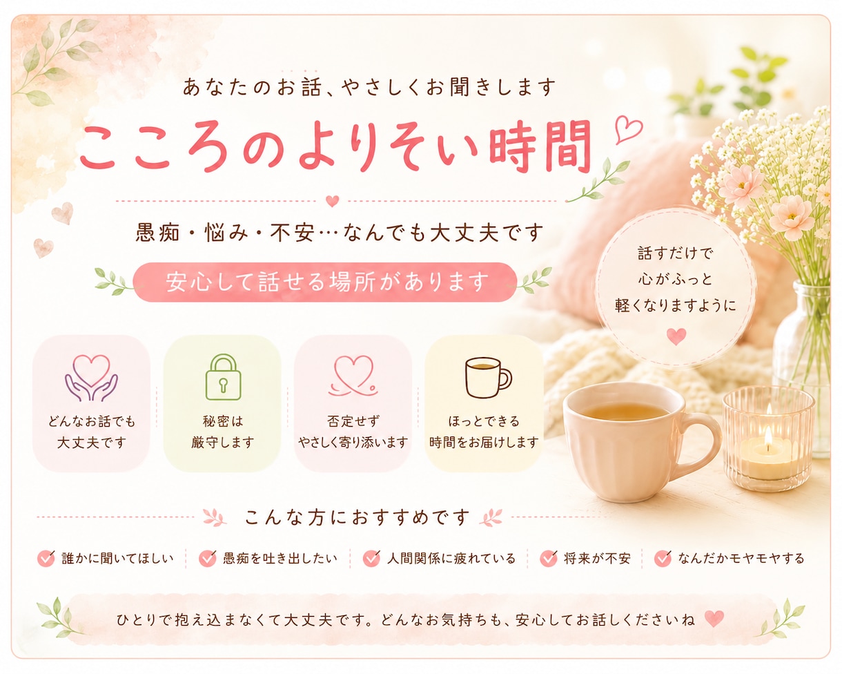 50代シングルマザーが優しくお話お聞きします 愚痴・悩み・不安なんでもOKです イメージ1