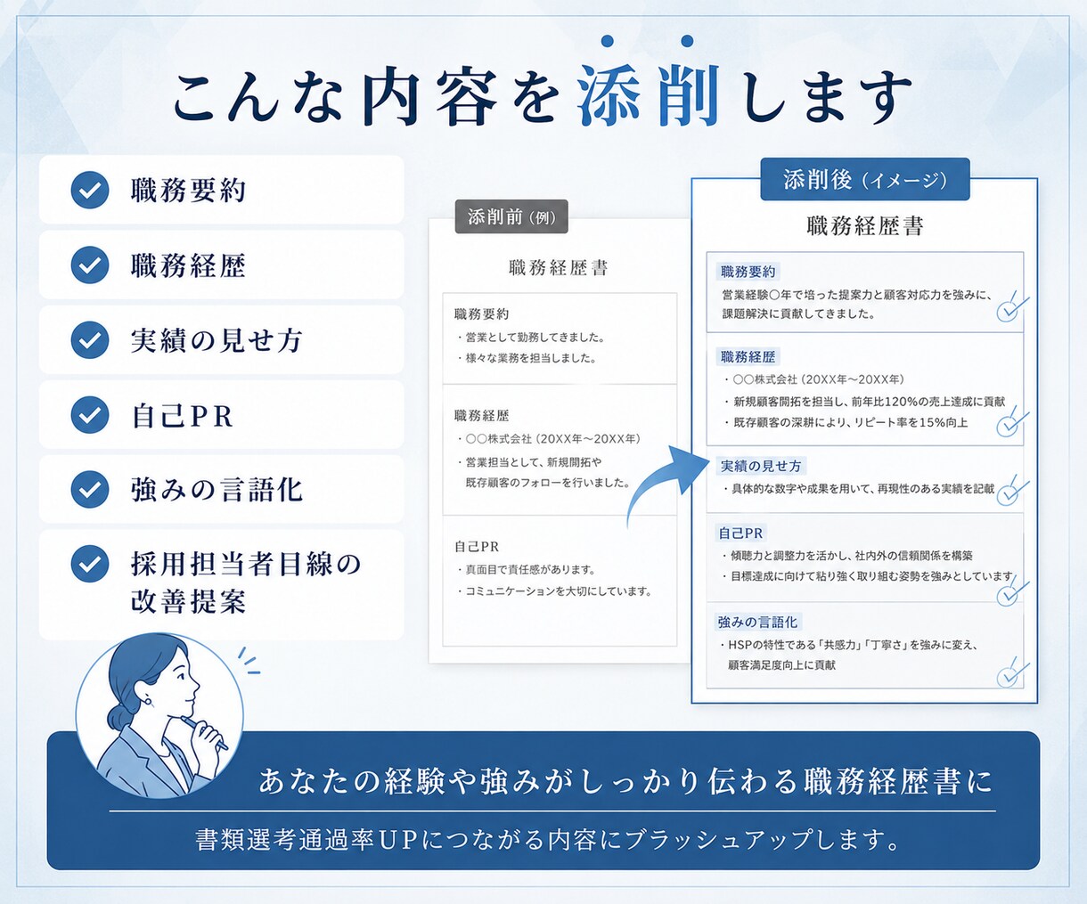 HSP向け職務経歴書添削｜強みが伝わる形に整えます 転職回数が多くて不安な方へ。転職5回経験者が綺麗に添削します イメージ3