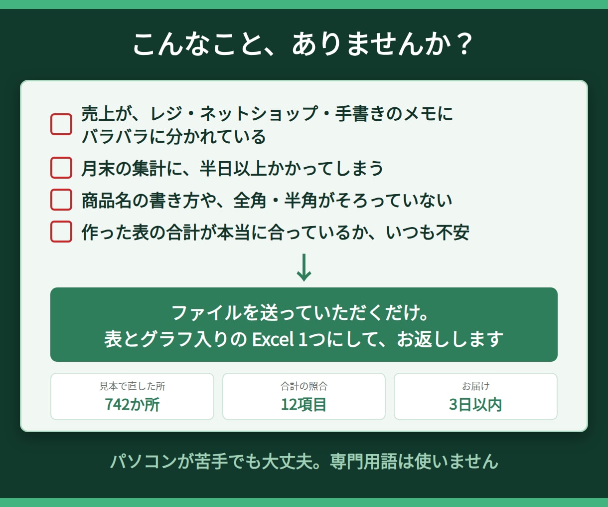 Excelの集計・グラフ化を丸ごと代行します バラバラのデータを1つの表とグラフに。合計の照合つき イメージ2