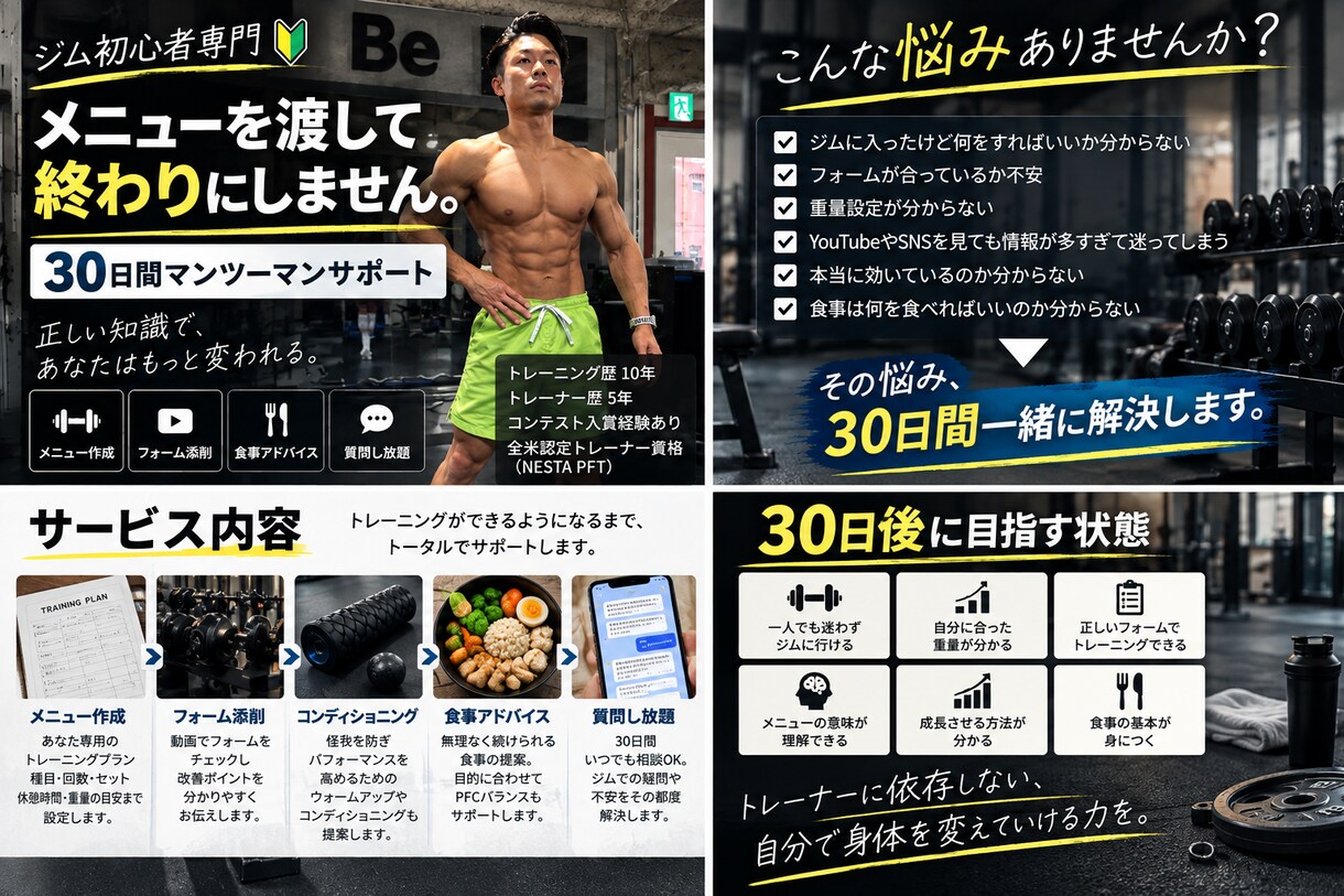 ジムで迷う男性へ筋トレの進め方を教えます 種目、重さ、回数、順番までスマホを見ながら進められる！ イメージ1